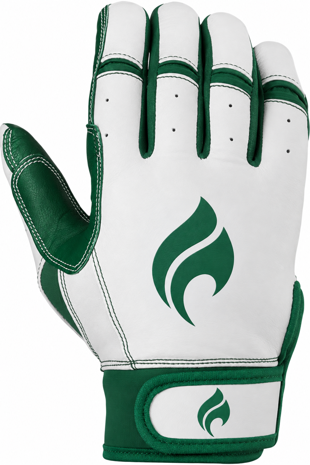 Batting gloves by GoAthletic with a short cuff, in white and green.