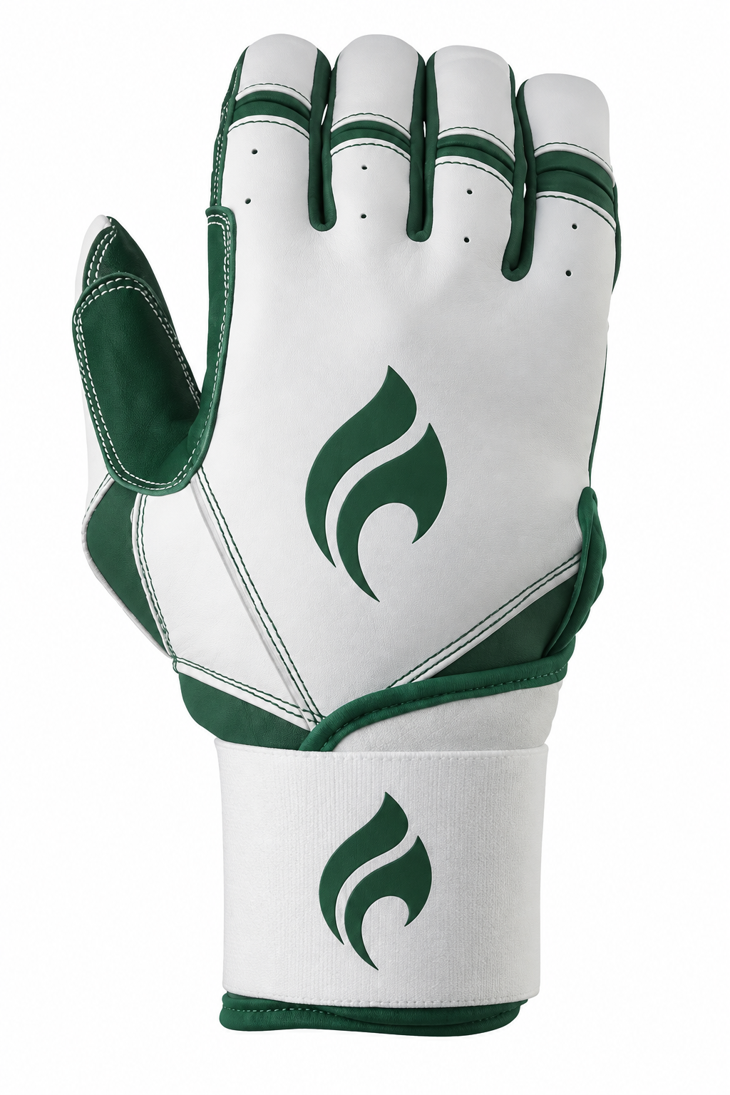 Batting gloves by GoAthletic with a long cuff, in white and green.