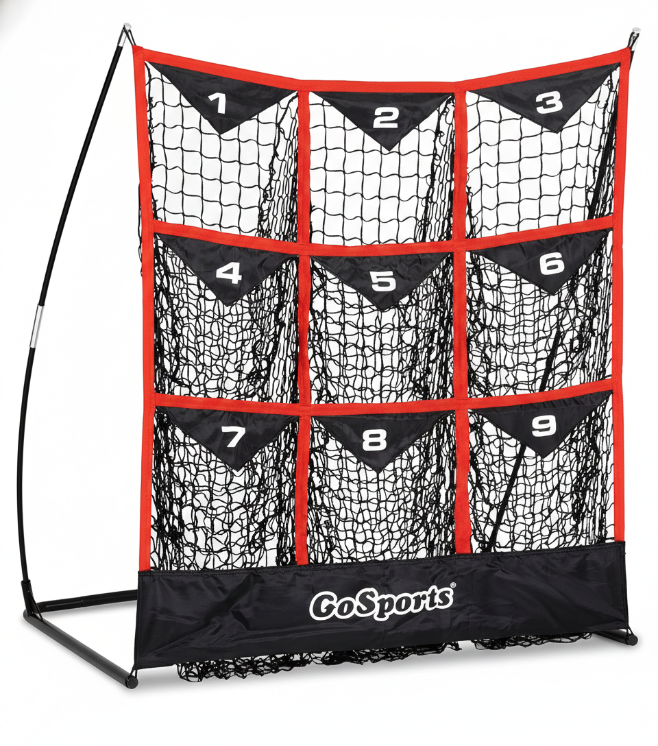 Pitching target net with strike zone for baseball and softball accuracy training.