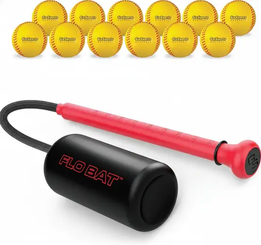 Rope swing trainer with a black weighted bat, red handle, and twelve yellow practice softballs on a white background.