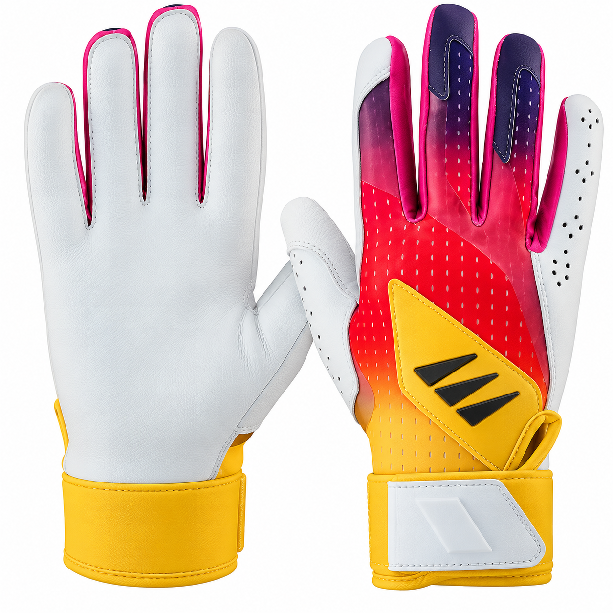 Batting gloves by Grip Boost in white, with a red, purple, and yellow fade.