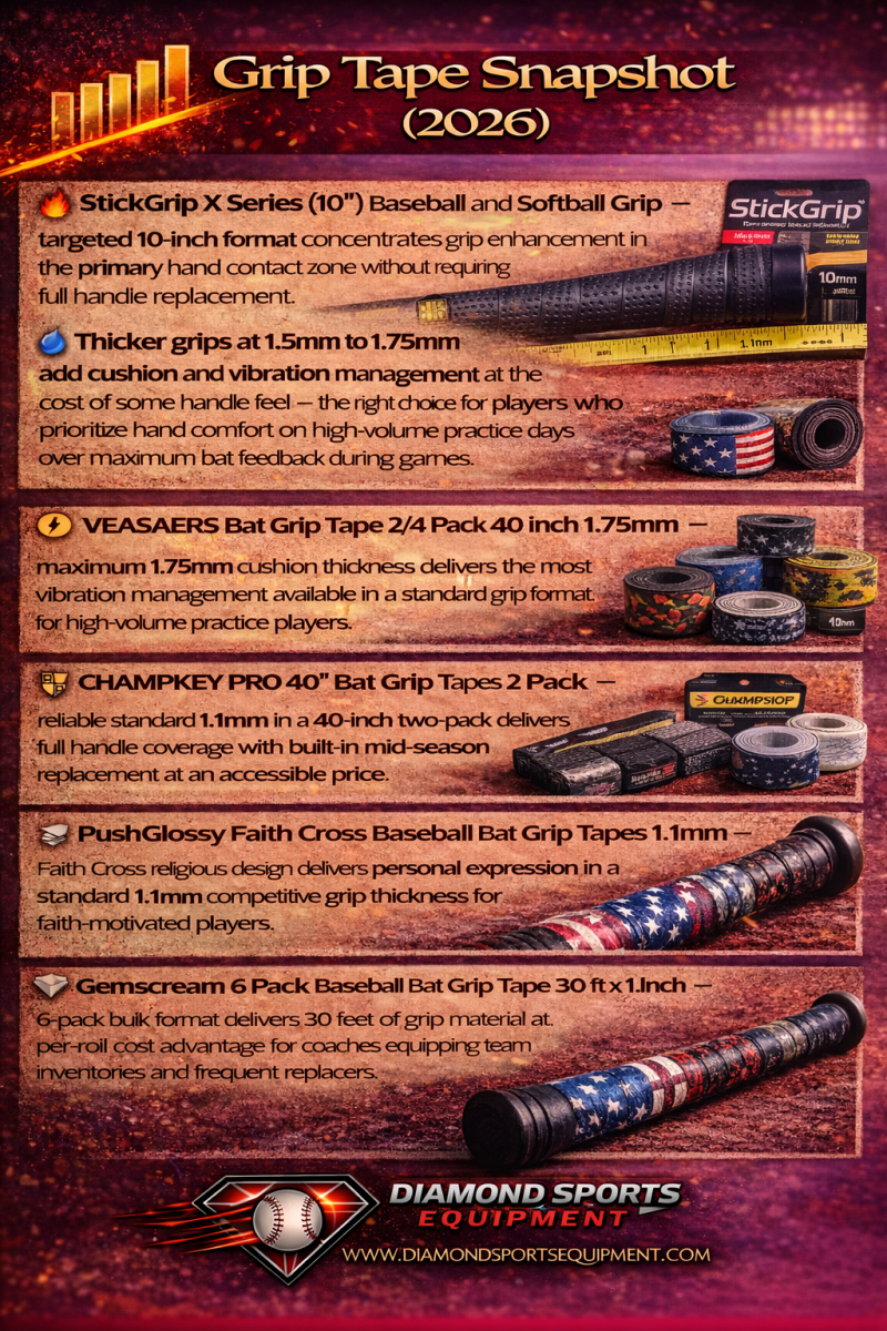 Comparison graphic listing six bat grip tape products with performance-focused descriptions and Diamond Sports Equipment branding.