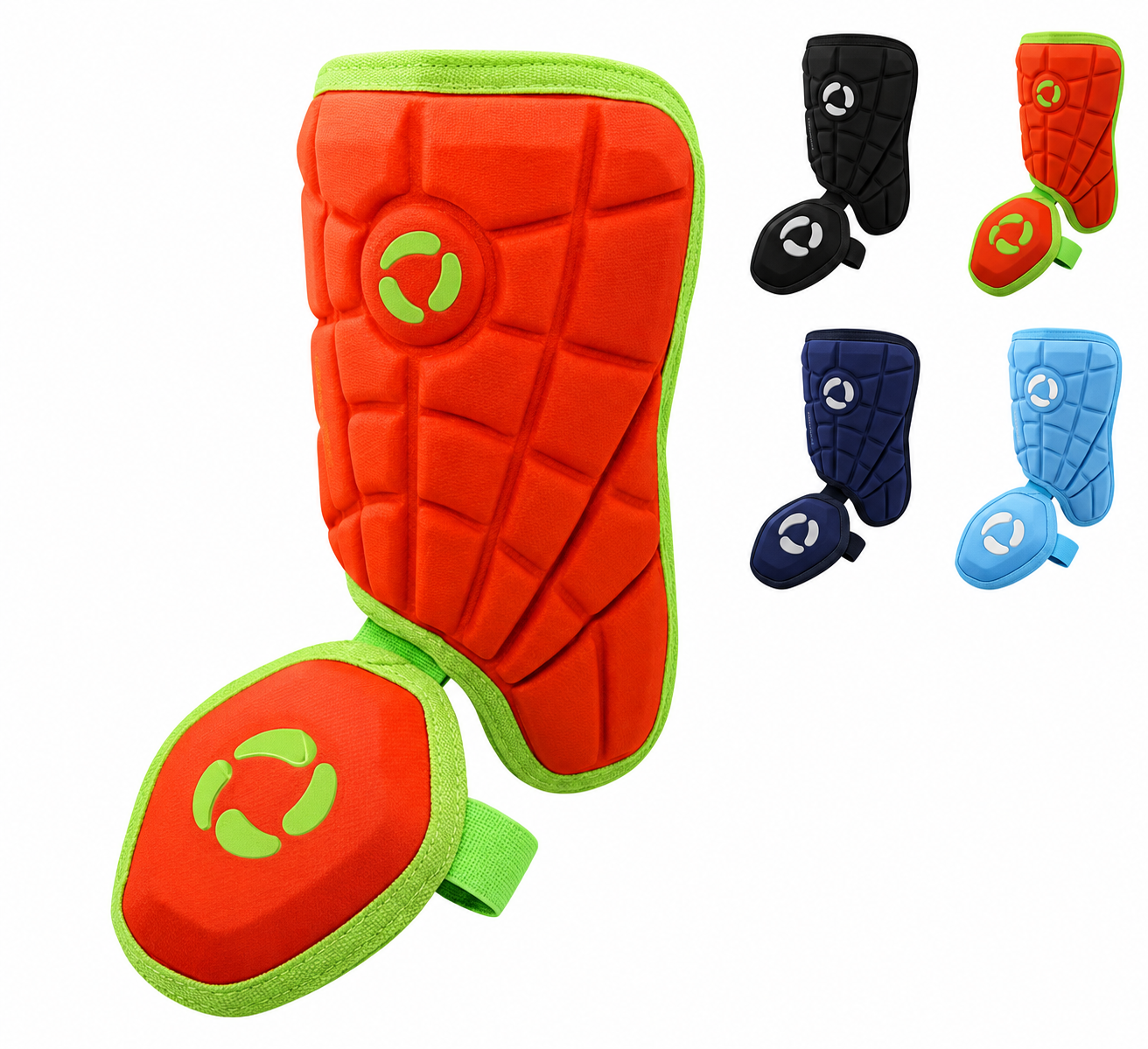 Baseball leg guard by Guardian Baseball, in orange with green trim.
