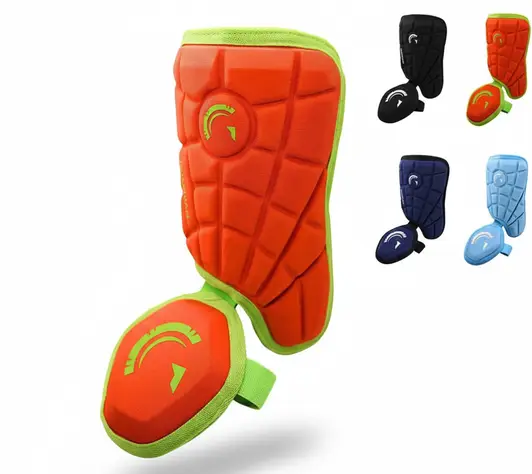 Guardian Baseball Leg Guard in orange and green with segmented foam shell and detachable ankle guard available in multiple color options.