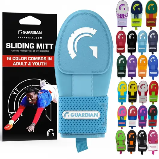 Guardian Baseball Sliding Mitt shown from the back highlighting its rigid polymer shell and wrist strap closure.