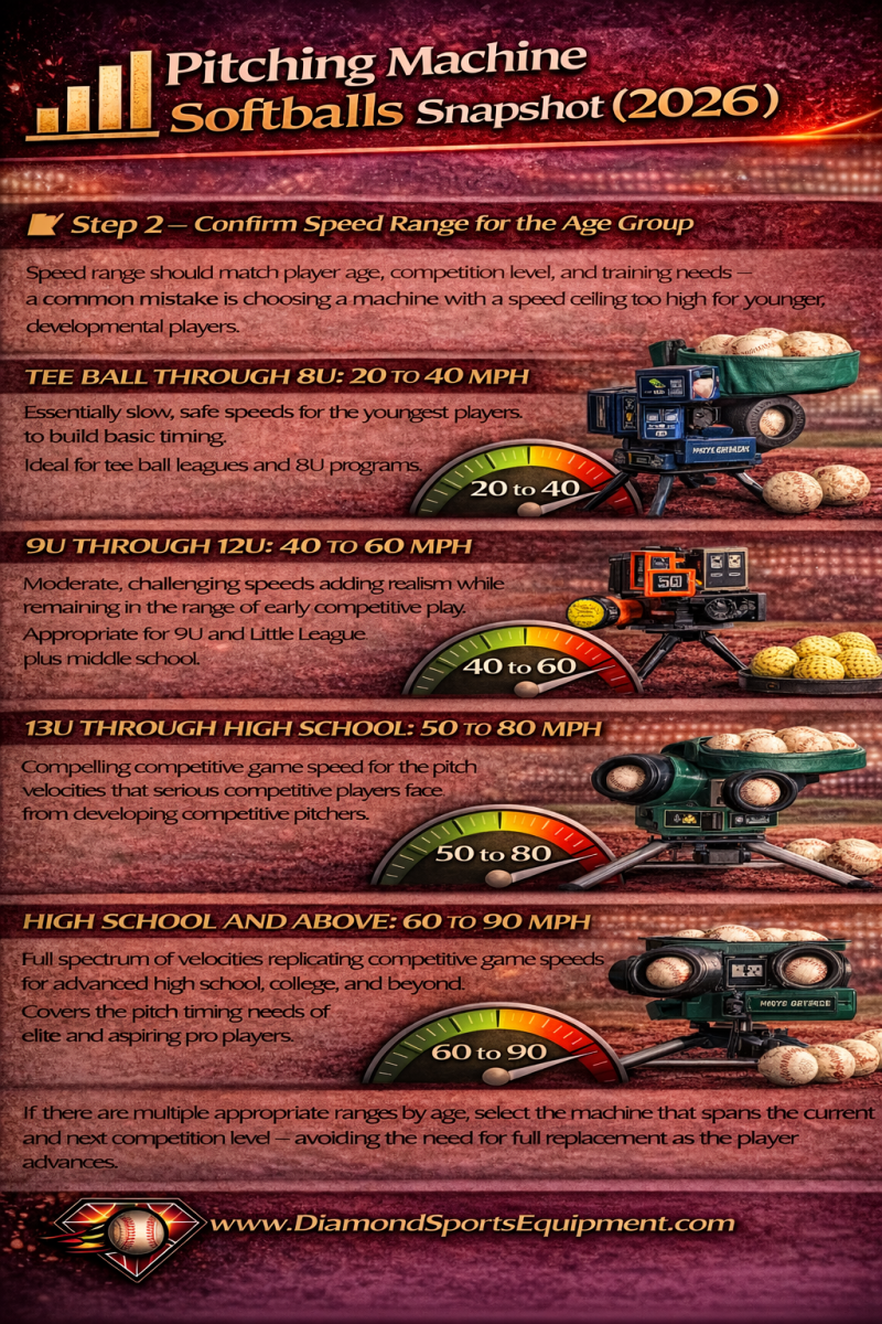 Pitching machine speed chart by age group outlining recommended mph ranges from youth to high school and advanced players.