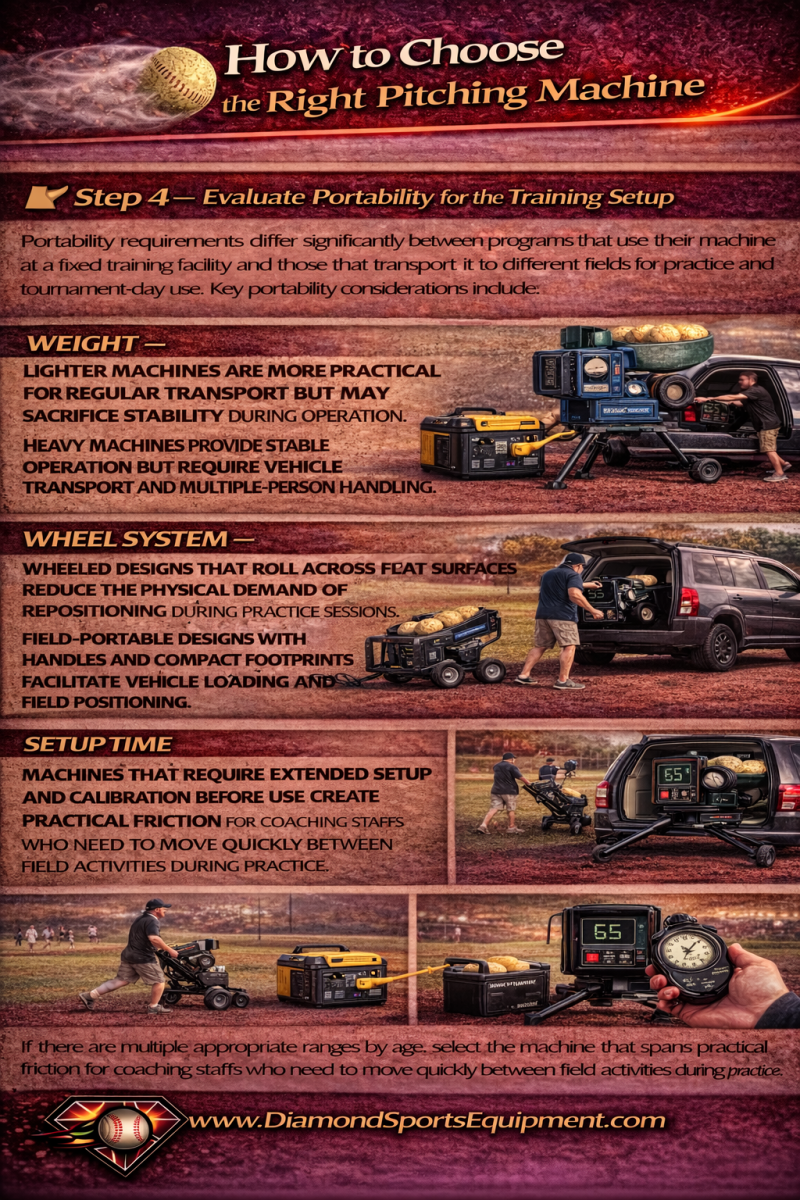 Pitching machine portability guide explaining weight, wheel systems, and setup time for transport and field use.