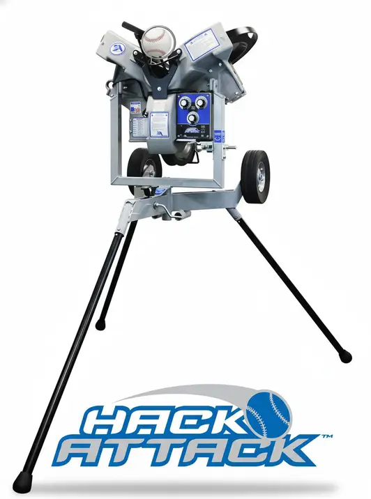 Hack Attack Baseball Pitching Machine by Sports Attack displayed on a field showing its full-size three-wheel professional configuration.