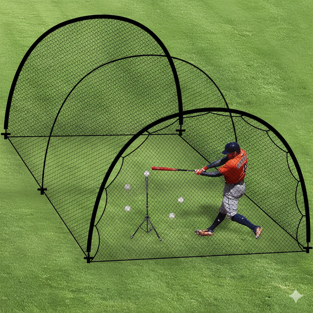 Doubleriver Baseball Softball Batting Cages displayed showing its compact indoor construction and 10x16.4x8-foot batting cage design.
