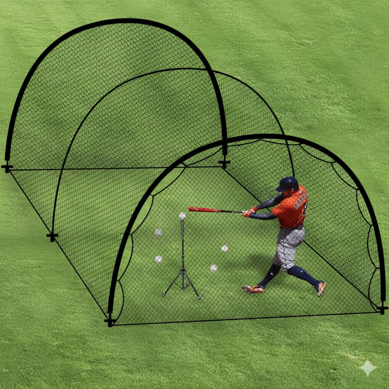 Backyard baseball batting cage with net designed for home practice setups.