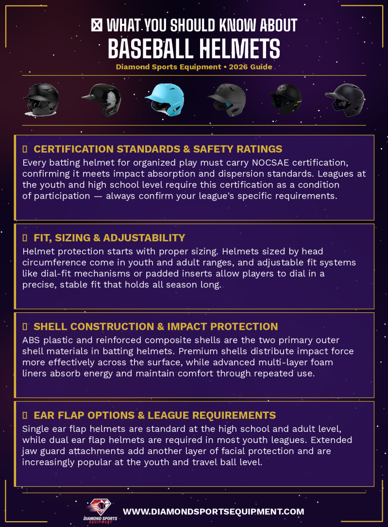 Baseball helmet buying guide graphic showing four key facts players should know before choosing a batting helmet in 2026.