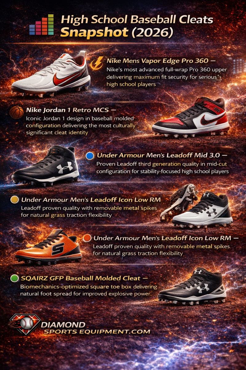 High school baseball cleats comparison infographic featuring top 2026 cleats for performance, fit, and traction