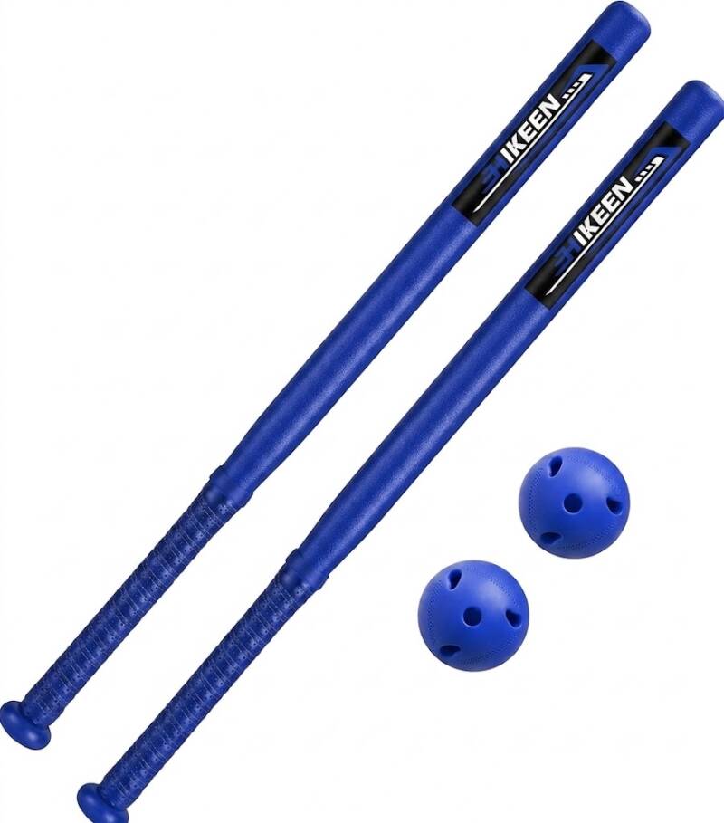 Plastic training bats and balls set with two blue foam bats and two blue wiffle balls — Hikeen Baseball Bat and Balls Set.