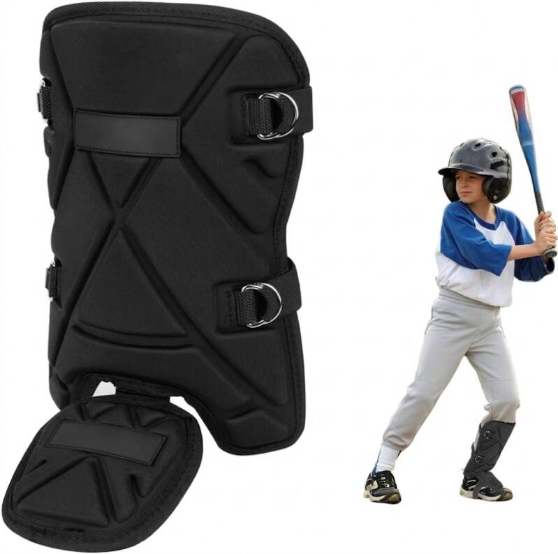 A black unbranded baseball batter's leg guard shown next to a youth player wearing the protective gear while batting.