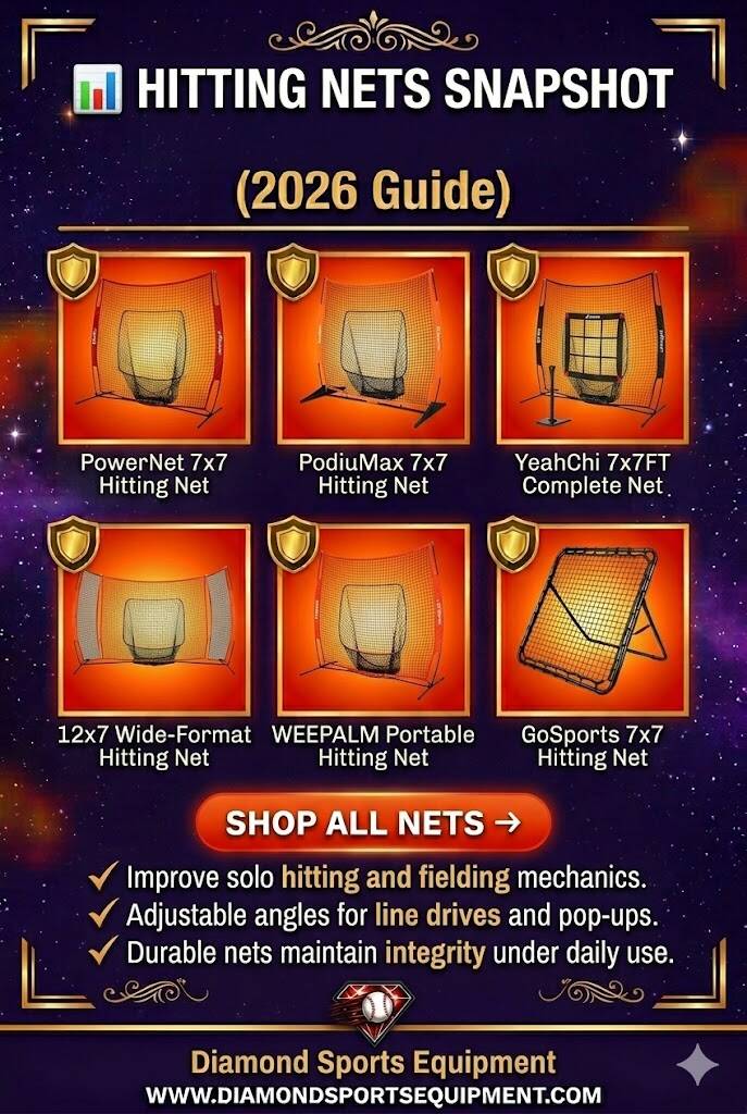 A vertical promotional flyer for hitting nets featuring six products in a grid over a cosmic purple starfield with a "Shop All Nets" button.