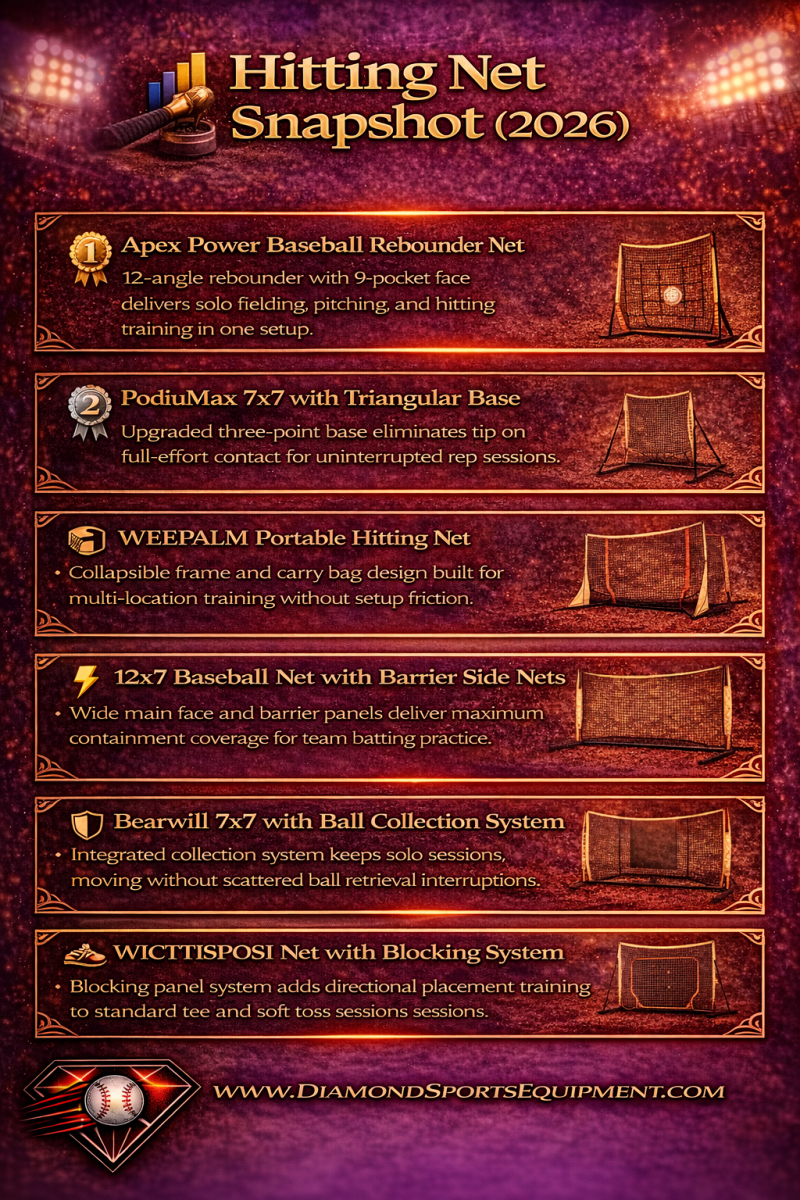Hitting net comparison graphic featuring six top nets for 2026 with key features and Diamond Sports Equipment branding.