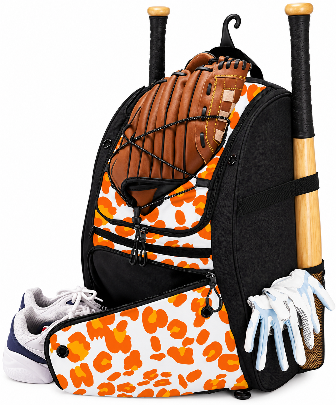 Softball equipment bag for youth players by HOHONANA, in orange leopard print.