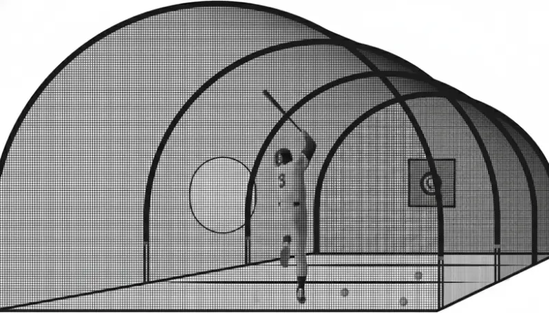 Holymus 30FT Baseball and Softball Batting Cage Net displayed showing its upgraded net construction and fiberglass pole frame.
