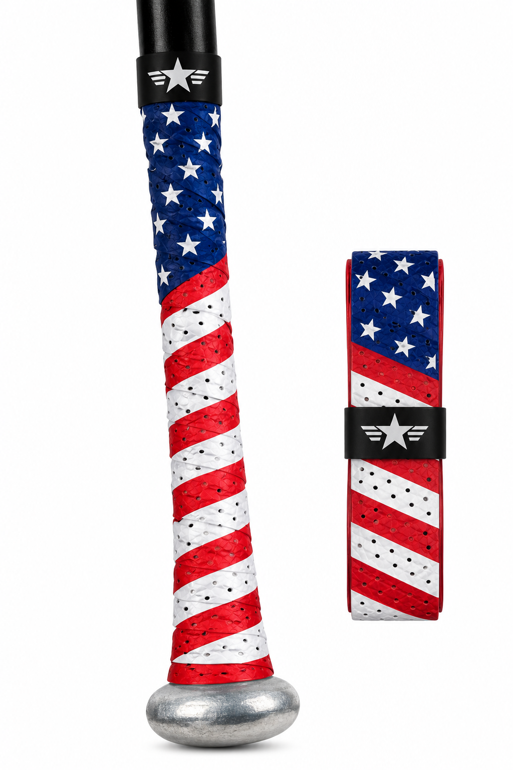 Bat grip tape by Hot Glove, in red, white, and blue, 1.5 mm thick.