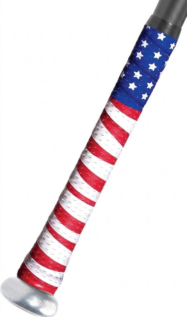 Hot Glove Mega Wrap 1.5mm tacky bat grip in American flag red, white, and blue stars and stripes design.