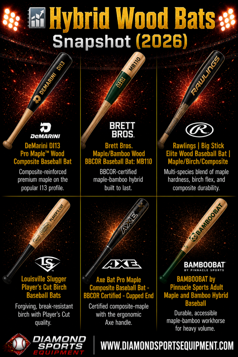 Hybrid wood bat comparison featuring DeMarini, Brett Bros., Rawlings, Louisville Slugger, Axe, and BamBooBat hybrid wood baseball bats.