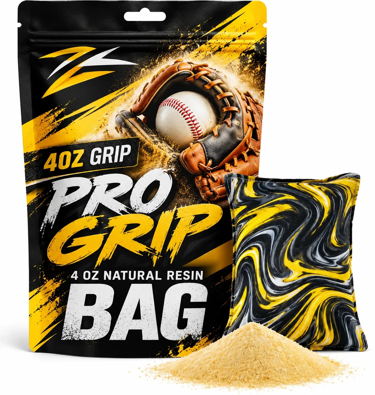 Rosin bag by Hyzer Hound, yellow, black, and white swirl pouch with loose rosin