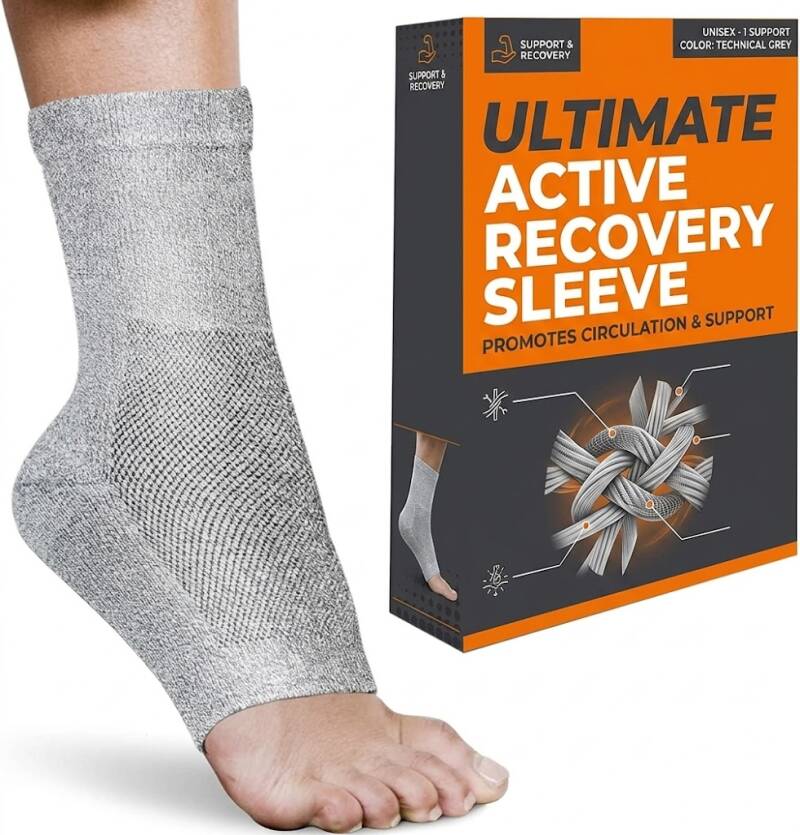 Active recovery ankle sleeve on foot and product packaging with features.