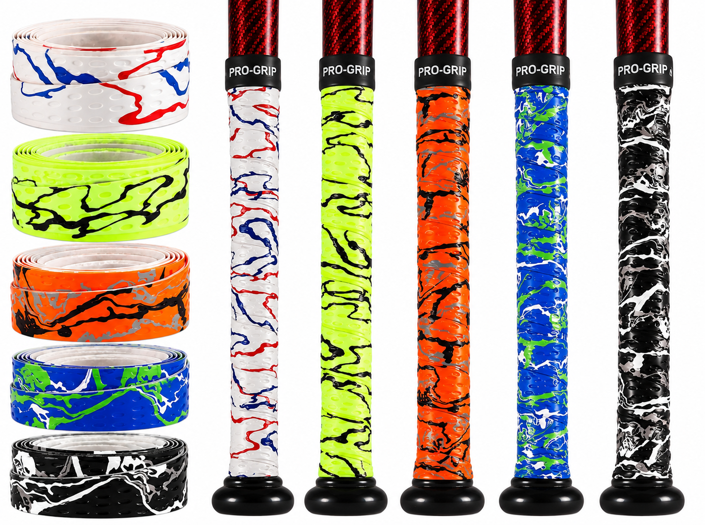 Bat grip tape by Insum, 5-pack in assorted colors, 1.1 mm thick.
