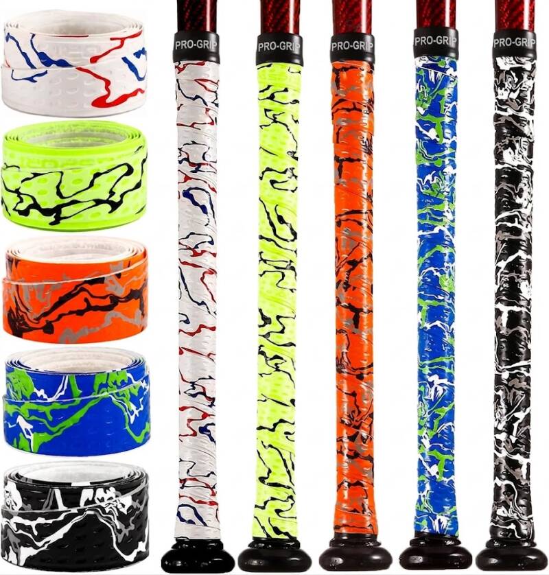 INSUM 5-pack baseball bat grip tapes in bold camo patterns including white, neon yellow, orange, blue, and black.