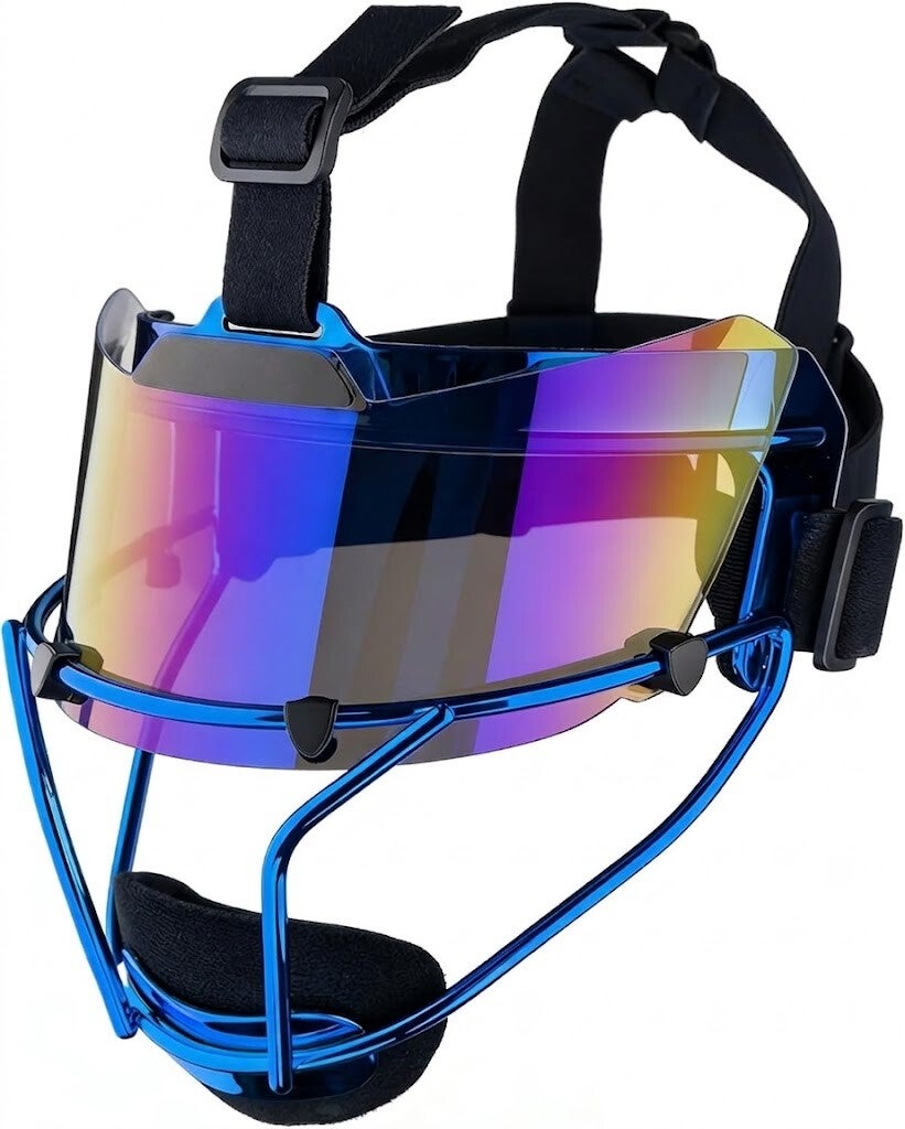 Iresistb Defense Softball Face Mask displayed showing its lightweight cage construction and wide field vision design fitting all ages on a neutral background.