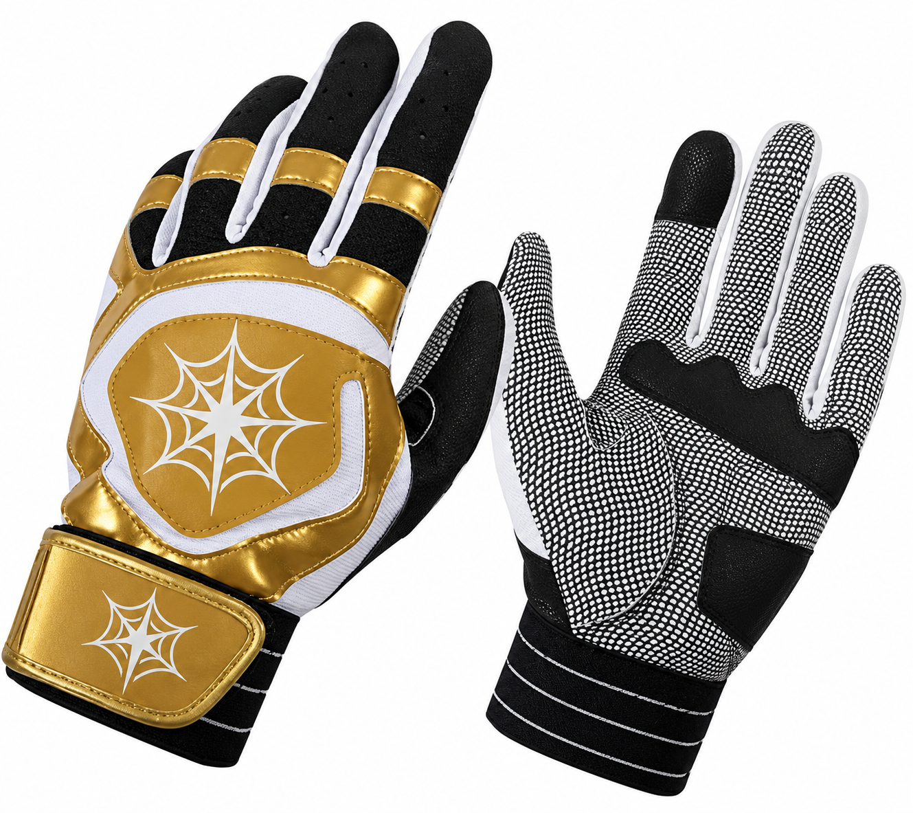 Batting gloves by J&S Sporting with non-slip palms, in gold, black, and white.