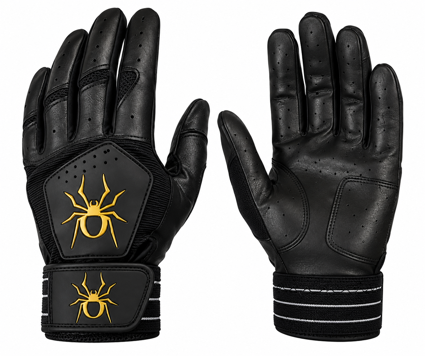 Batting gloves by J&S Sporting, in all black with wide wrist straps.