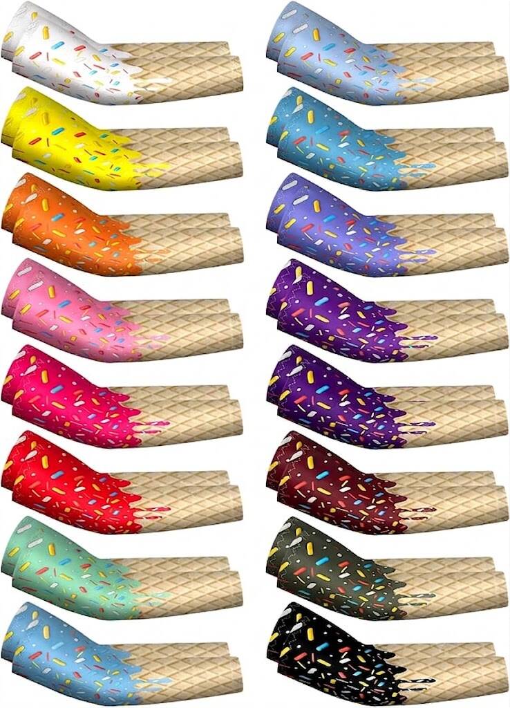 JaGely 16 Pairs Ice Cream Arm Sleeves for Kids, compression arm sleeves printed with a colorful ice-cream-drip pattern.