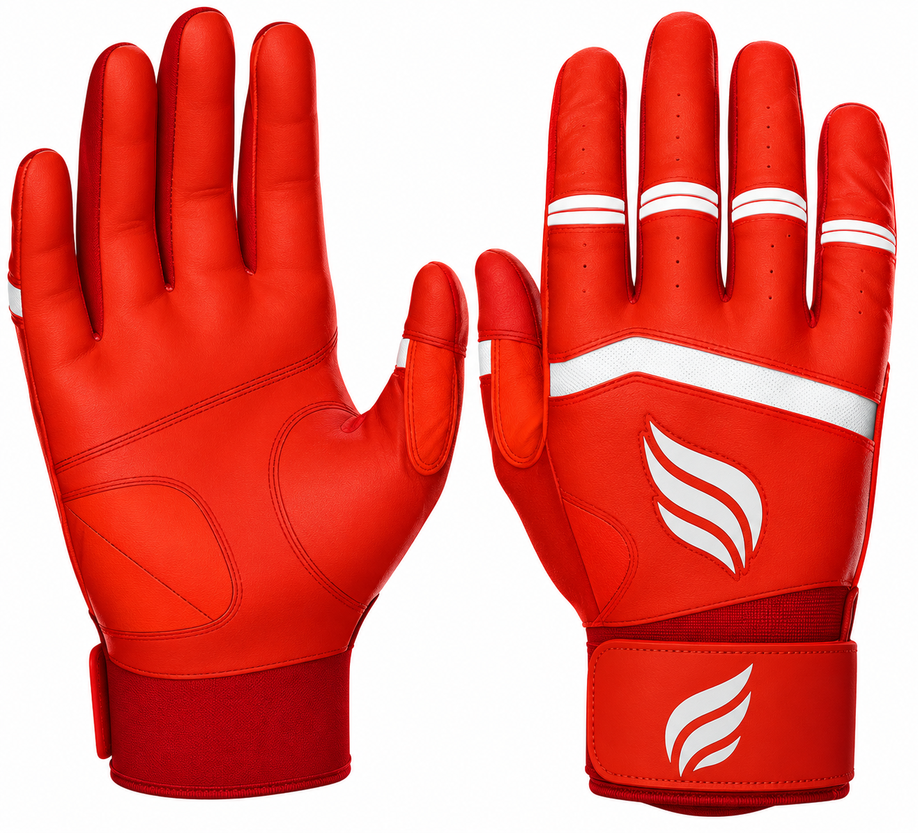Batting gloves by JAX in red leather, with a pro cuff and white stripes.