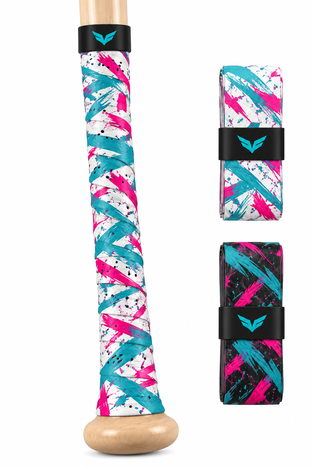 Bat grip tape by Jaya, in teal, pink, white, and black, 1.1 mm, 2-pack.