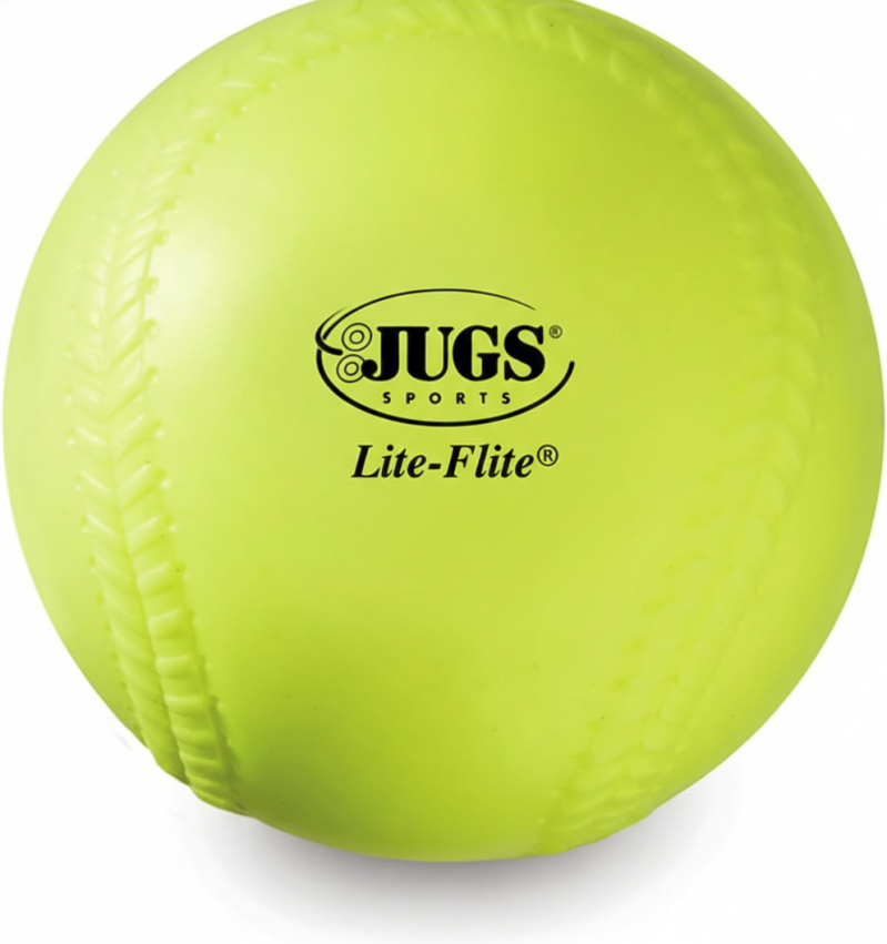Jugs 12-inch Yellow Lite-Flite Practice Softballs shown for indoor fastpitch and slowpitch softball practice in gymnasium and facility environments.