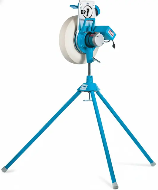 Jugs BP1 Baseball Pitching Machine displayed on a field showing its single-wheel design and adjustable tripod base.