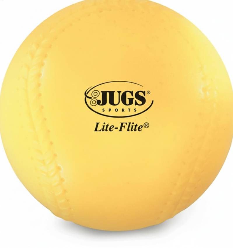 Jugs Lite-Flite Baseballs one dozen optic yellow shown for indoor and confined-space baseball hitting pitching and fielding practice.