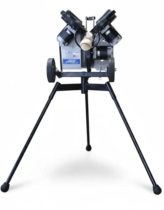 Junior Hack Attack Baseball Pitching Machine by Sports Attack displayed showing its three-wheel configuration and heavy-duty steel frame.