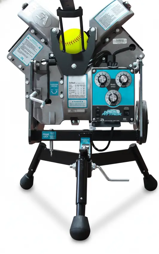 Junior Hack Attack Softball Pitching Machine by Sports Attack with three-wheel authentic rise ball drop ball and changeup movement at youth-appropriate competitive fastpitch speeds.
