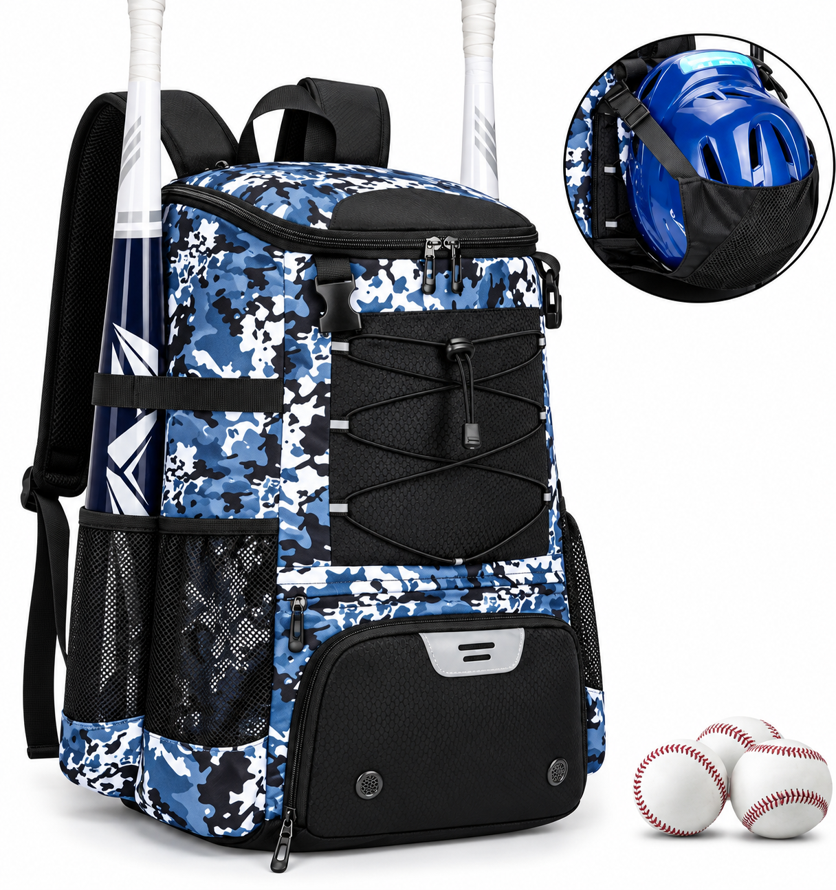 Softball bat bag by KAVIGOR, in blue camo with a helmet holder.