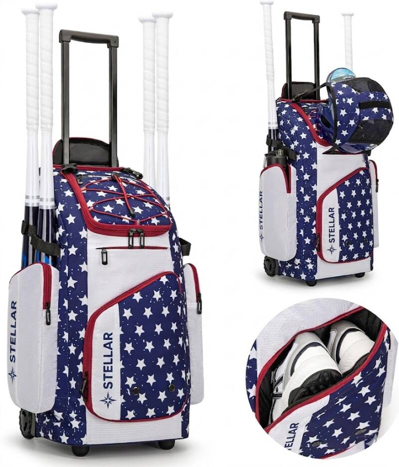 Star-patterned rolling gear bag shown with bats, a helmet, and a dedicated shoe compartment.