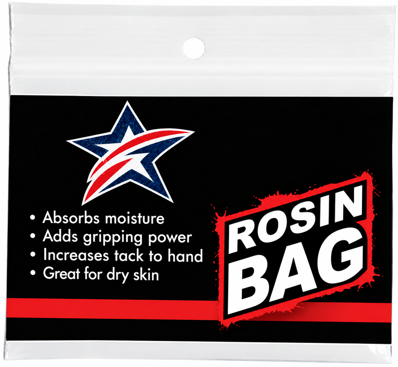 Rosin bag by KR Strikeforce, pouch in a clear zip bag with a black card.