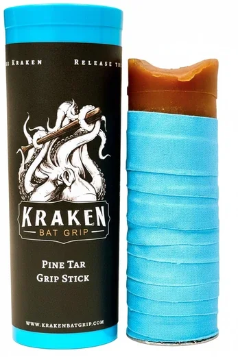 Kracken Batting Pine Tar Grip Stick with genuine pine tar, wax, and tackifier blend delivering strong shear-resistant tack and temperature tolerance for competitive hitters in demanding conditions.