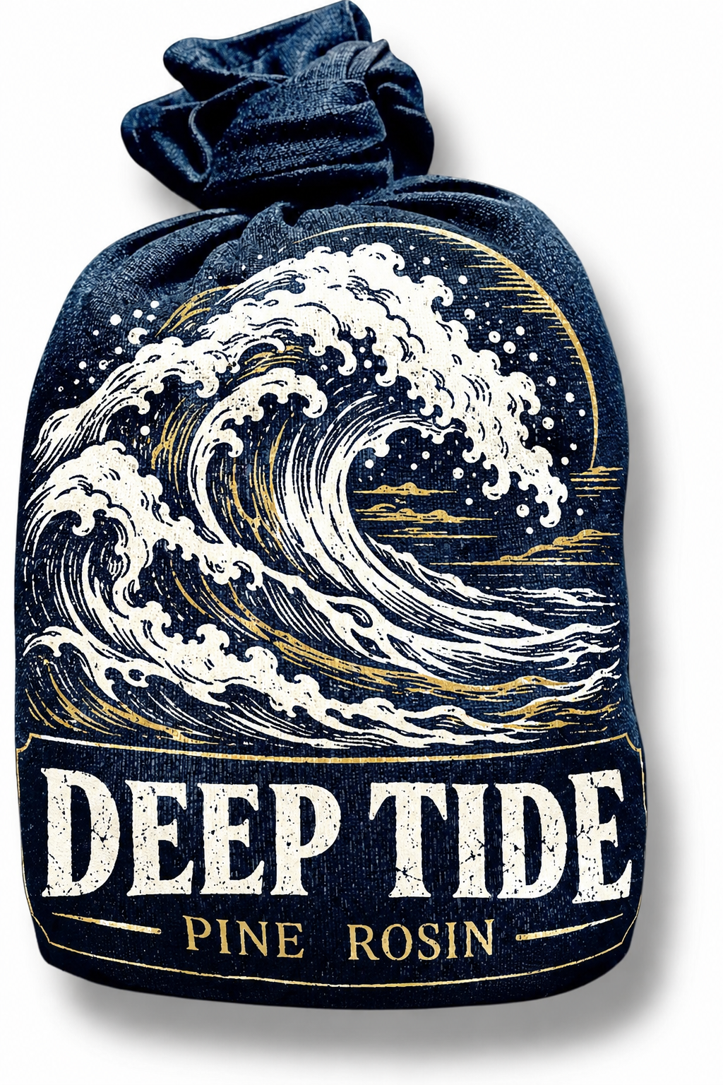 Pine rosin bag by Kraken, navy woven cloth sack with a gathered, tied-off top.