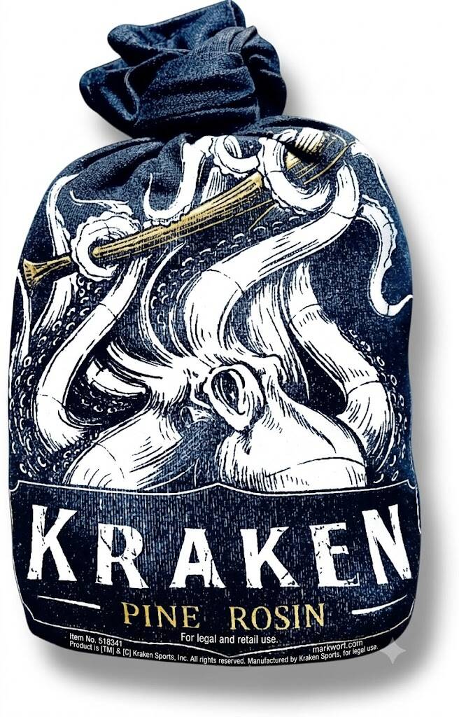 Kraken Pine Rosin Bag for baseball pitchers, dark navy with illustrated kraken design and tied top closure.