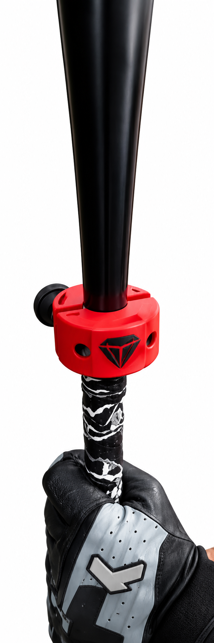 Clamp-on bat weight by Krato in red on a black bat handle.