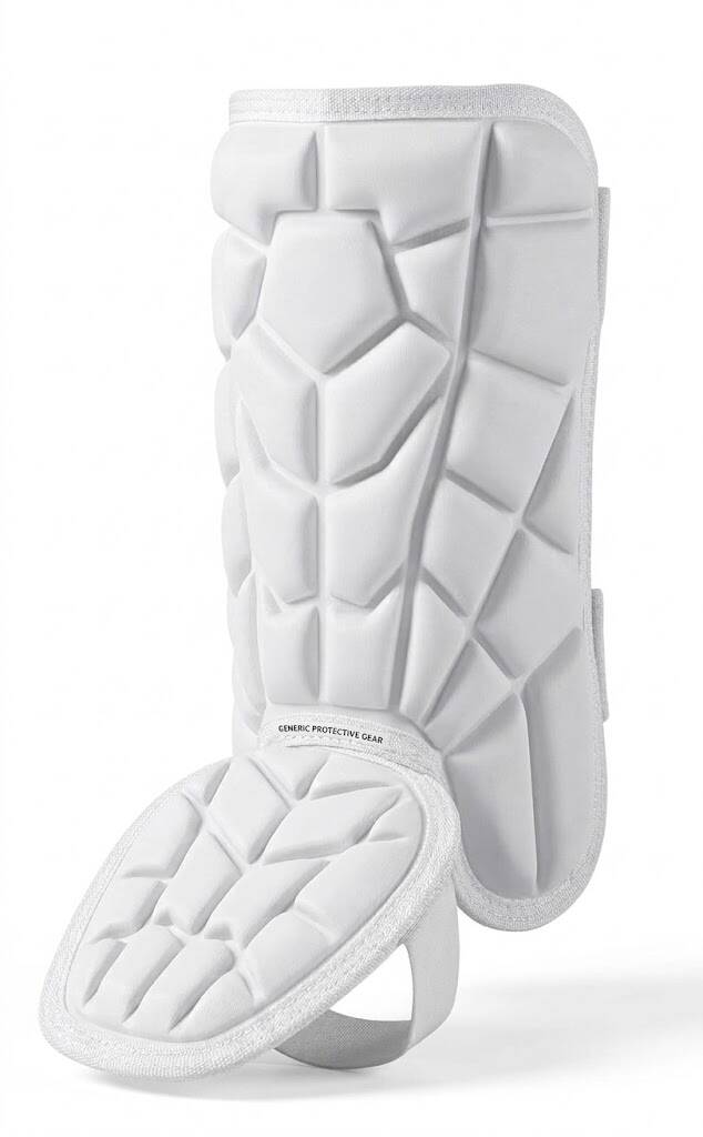 A white padded baseball leg guard with a protective foot plate on a white background.