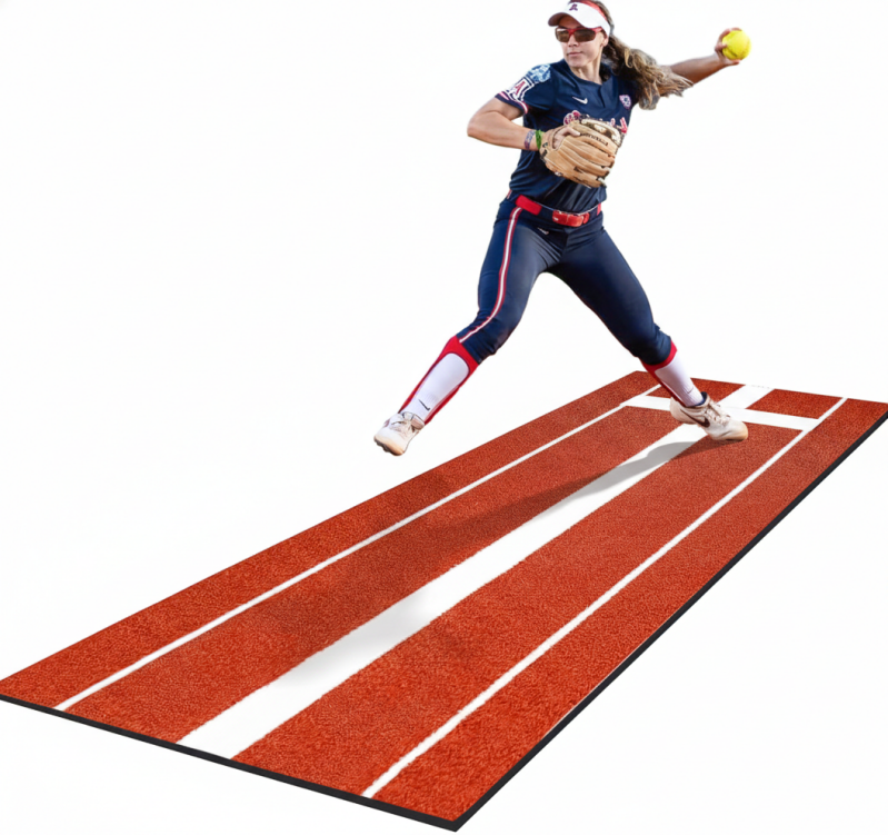 KuiBonu 2024 Upgraded Version Softball Pitching Mat with Rubber 10' x 3' displayed showing its softball-specific turf and regulation rubber.