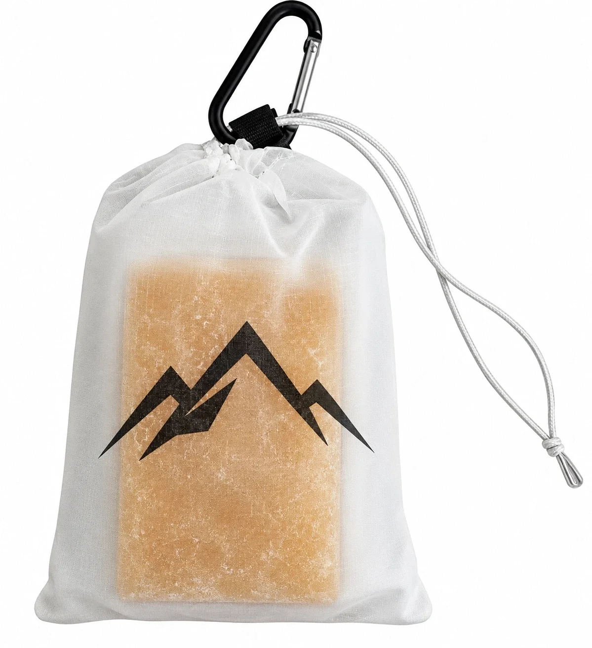 Rosin bag by Lacamas, sheer drawstring pouch with a rosin block and carabiner.
